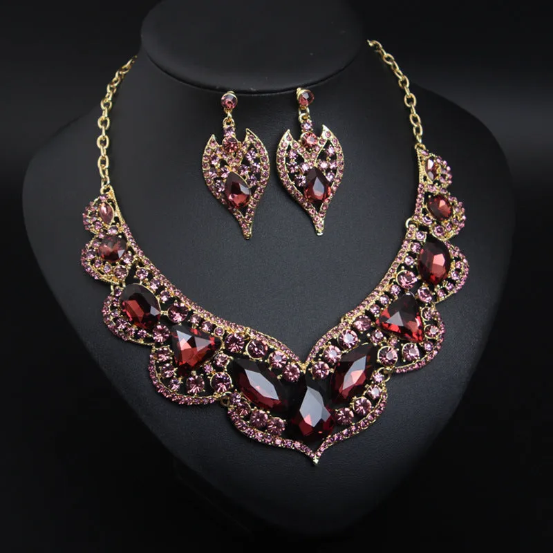 American exaggerated ruby clavicle necklace earrings set bridal dress female jewelry