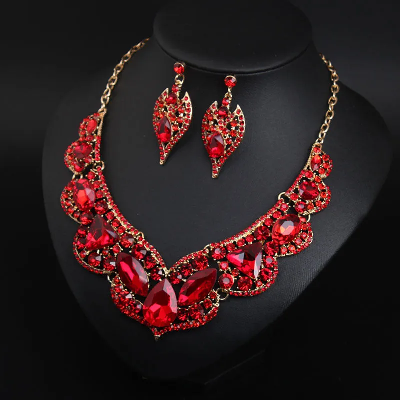 American exaggerated ruby clavicle necklace earrings set bridal dress female jewelry