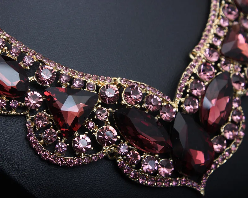 American exaggerated ruby clavicle necklace earrings set bridal dress female jewelry