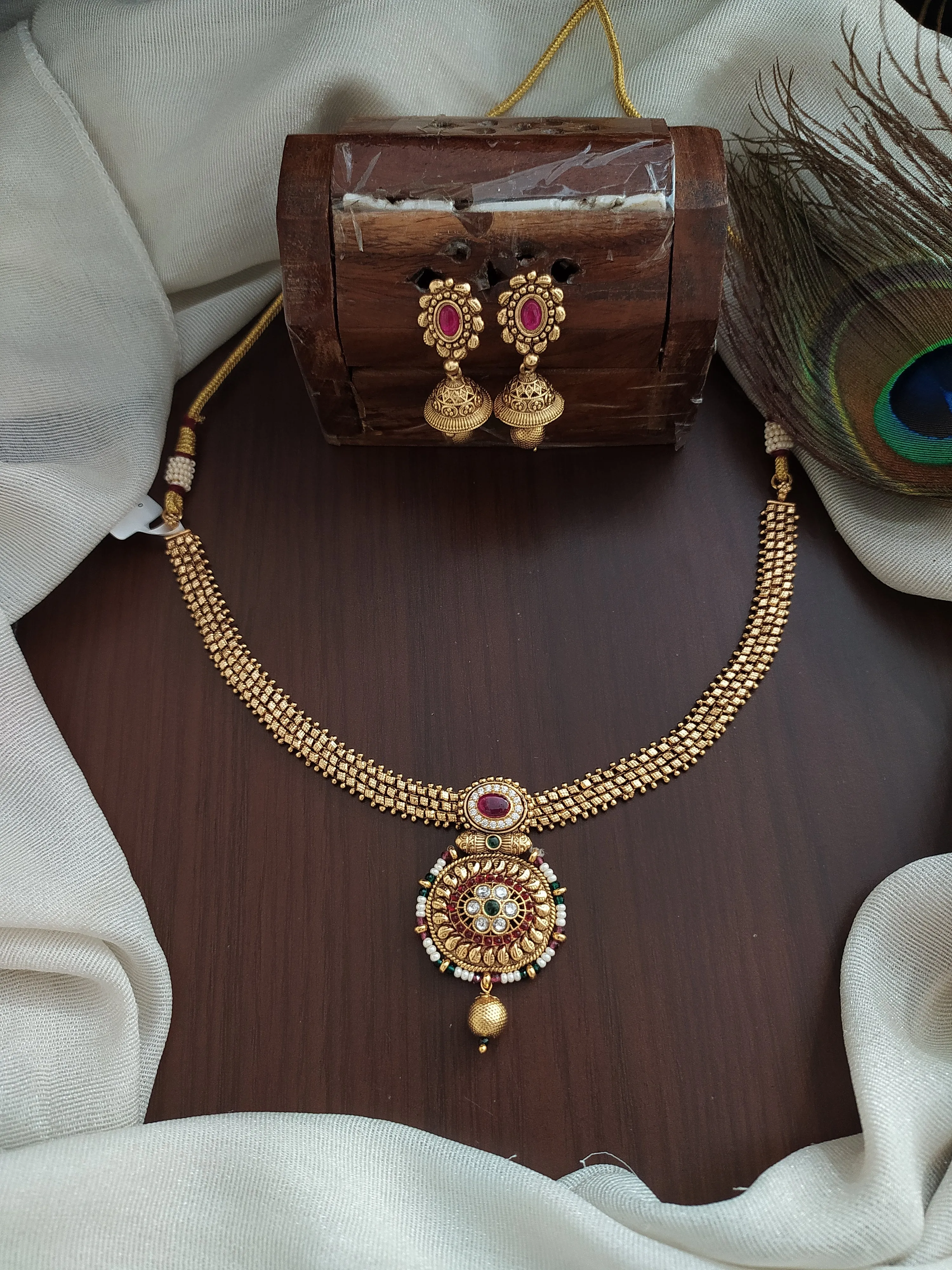 Antique Attigai Necklace Set with Pearls, Ruby, and Green Stones