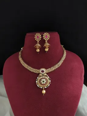 Antique Attigai Necklace Set with Pearls, Ruby, and Green Stones