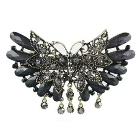 Antique Brass Finish Butterfly Barrette with Rhinestone Tassels