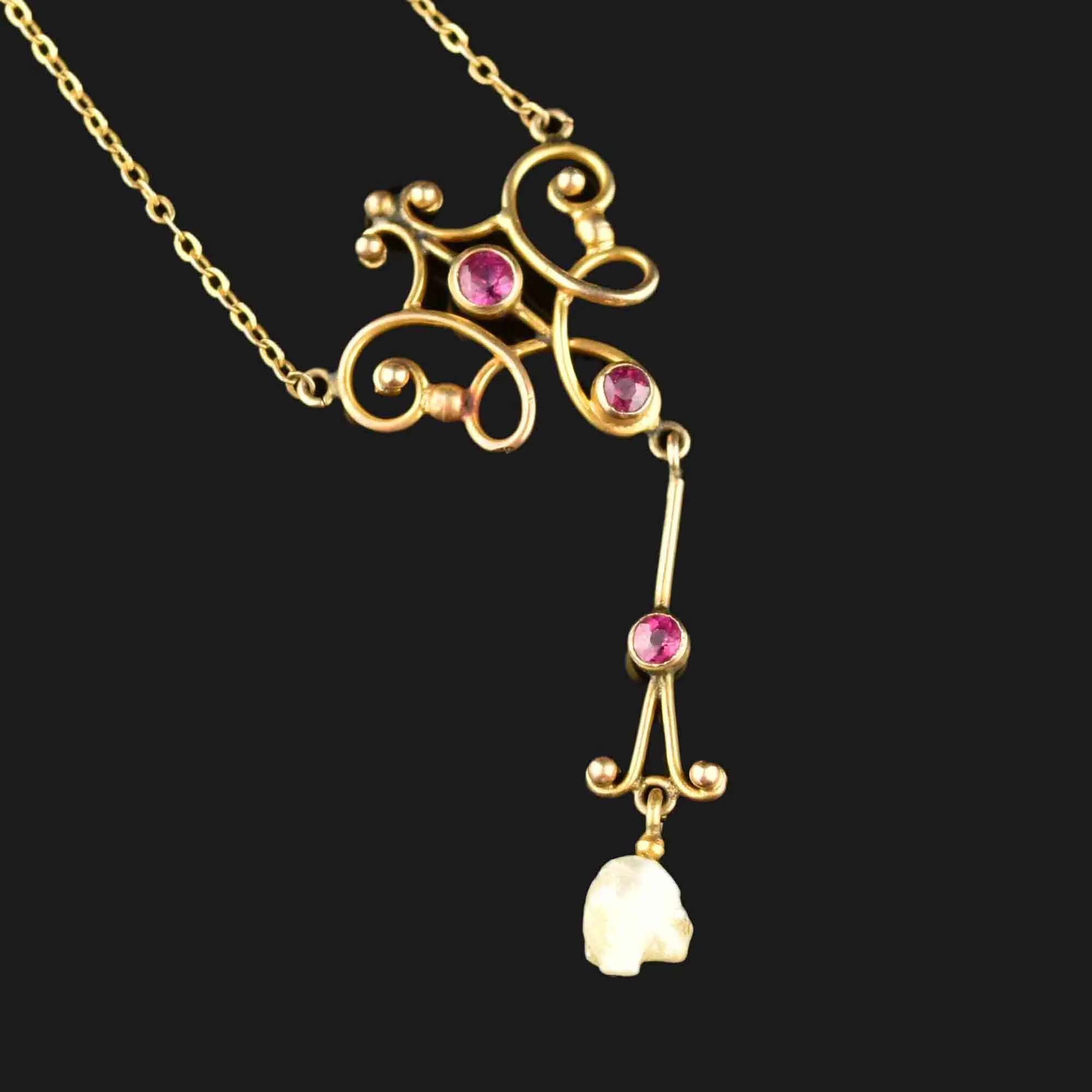 Antique Edwardian 10K Gold Pearl Ruby Necklace