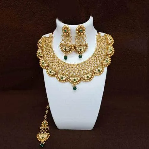 Antique Gold Semi Circular Kundan Necklace Earring And Teeka Set