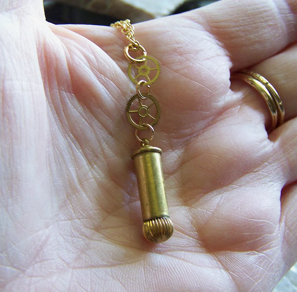 Antique Gold Watch Crown Brass Gears Bullet Jewelry Pendant