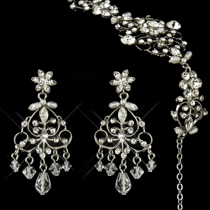 Antique Silver Pearl & Swarovski Crystal Necklace, Earrings & Bracelet Set