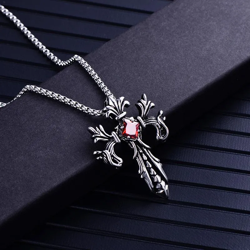 Antique Titanium Steel and Ruby Cross Necklace 59650913YM