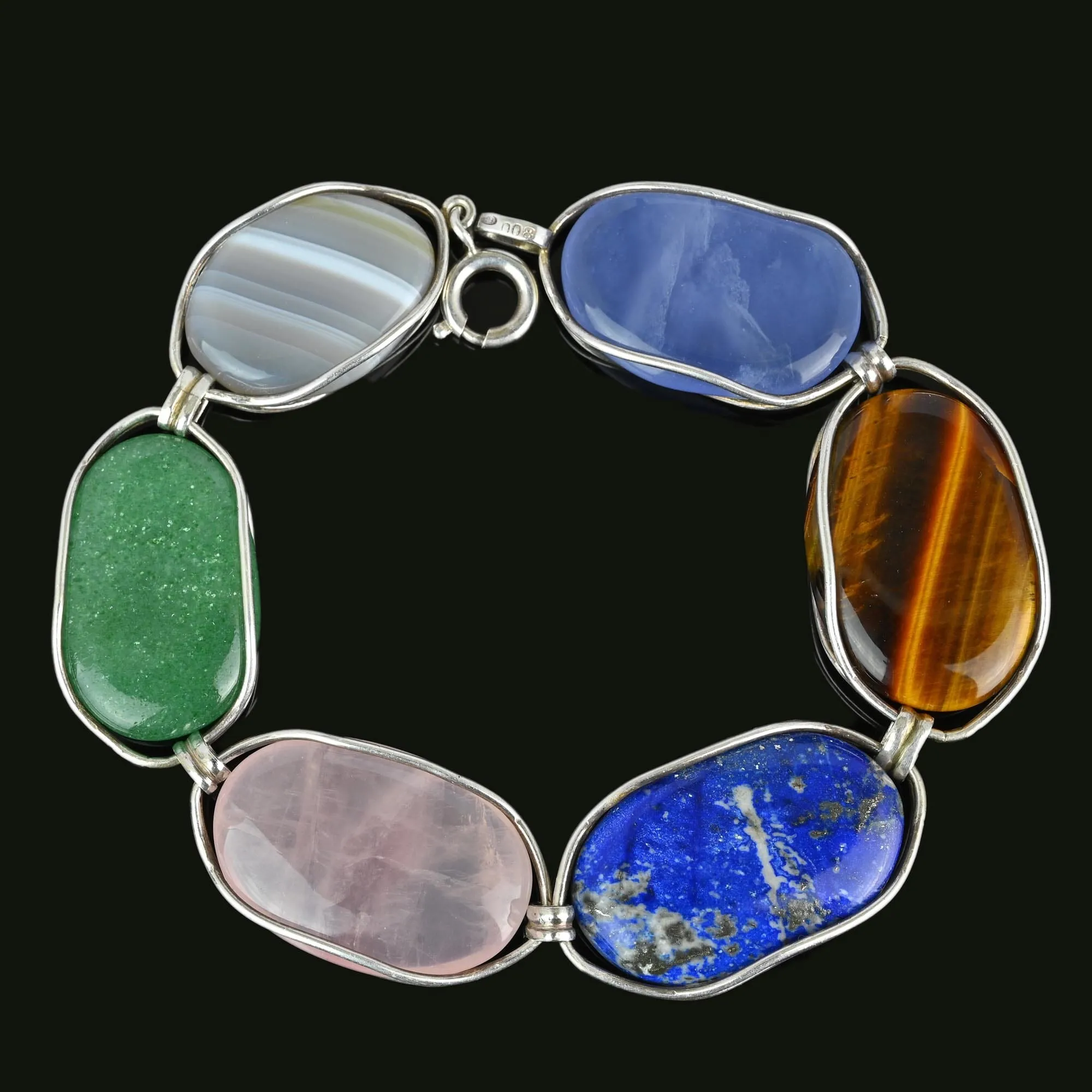 Arts & Crafts Style Gemstone Bracelet, Chrysoprase, Lapis Lazuli, Pink Quartz