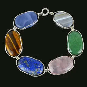 Arts & Crafts Style Gemstone Bracelet, Chrysoprase, Lapis Lazuli, Pink Quartz