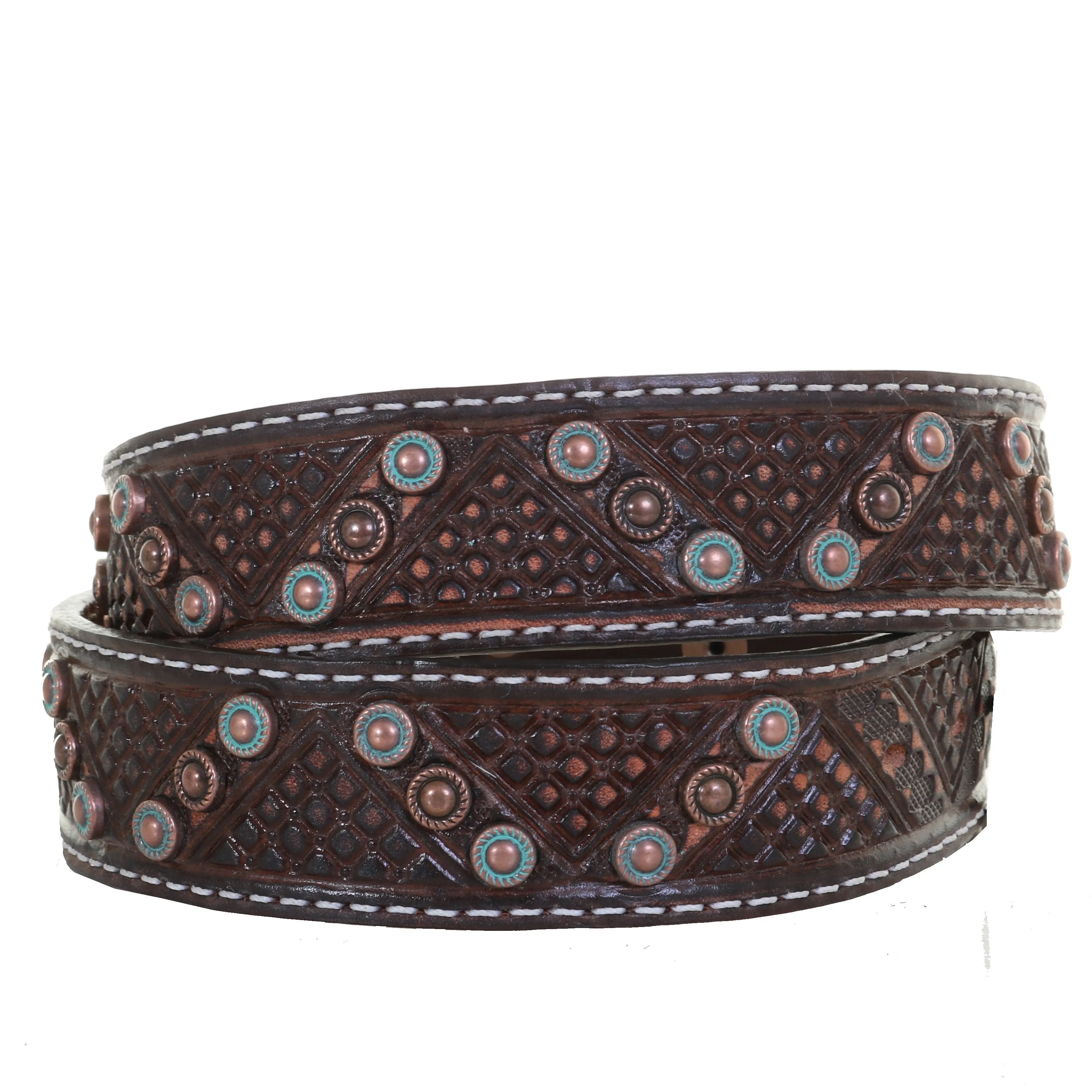 B1083 - Brown Vintage Tooled and Studded Belt