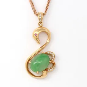 Baikalla™ "Love Swan" 18k Rose Gold Genuine Burmese Imperial Jadeite Swan Pendant Necklace With AA Ruby & SI Diamonds