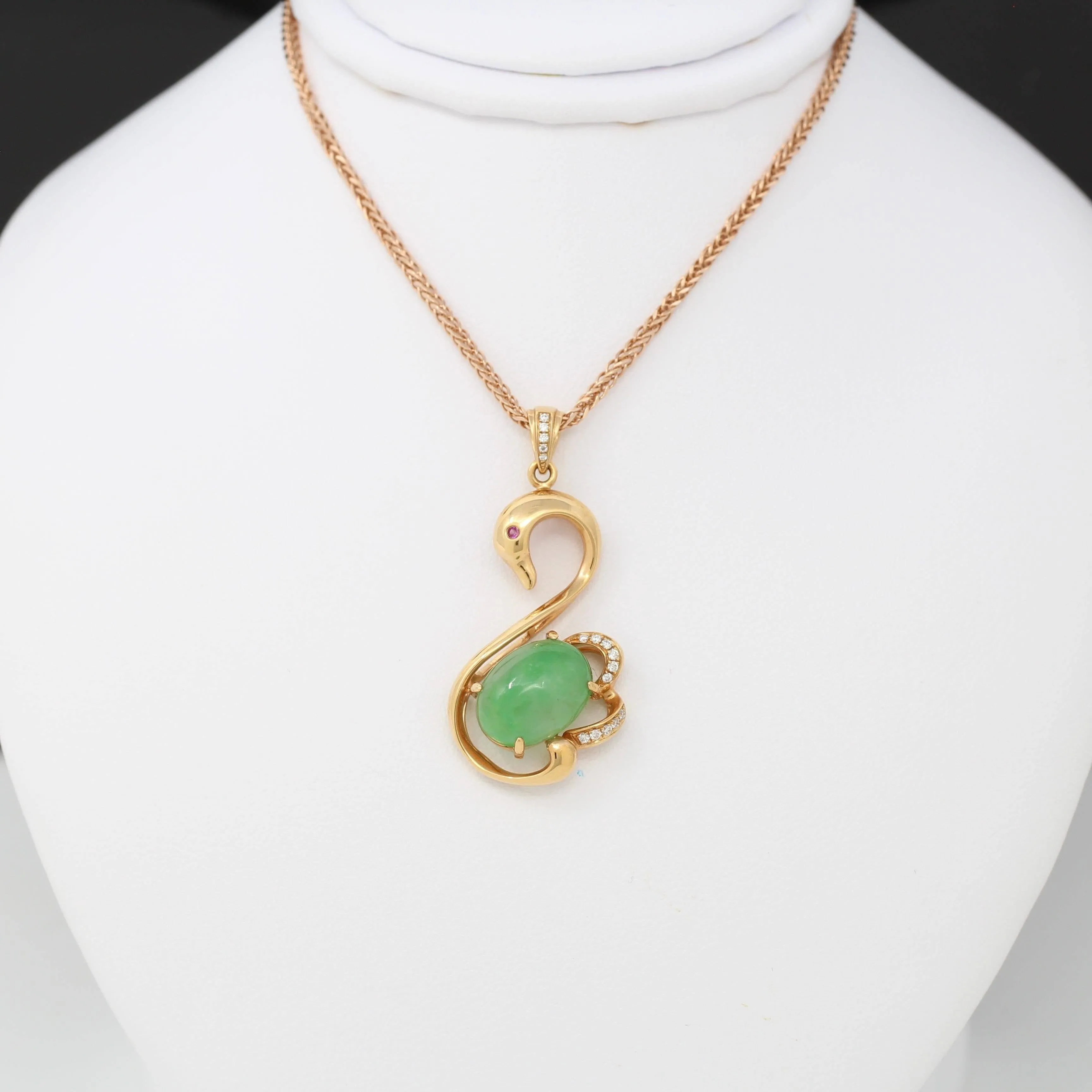 Baikalla™ "Love Swan" 18k Rose Gold Genuine Burmese Imperial Jadeite Swan Pendant Necklace With AA Ruby & SI Diamonds