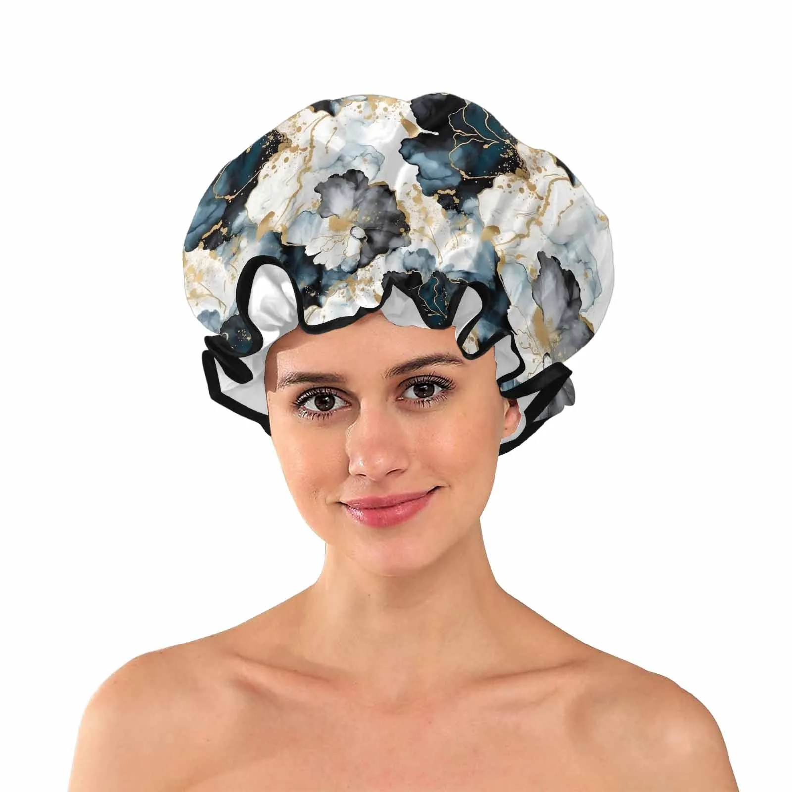 Black Ink Floral  Shower Cap