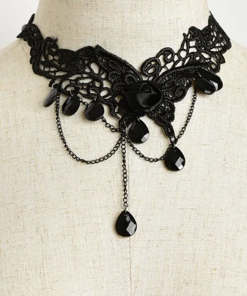 Black Lace Choker Necklace with Butterfly and Rose Accent