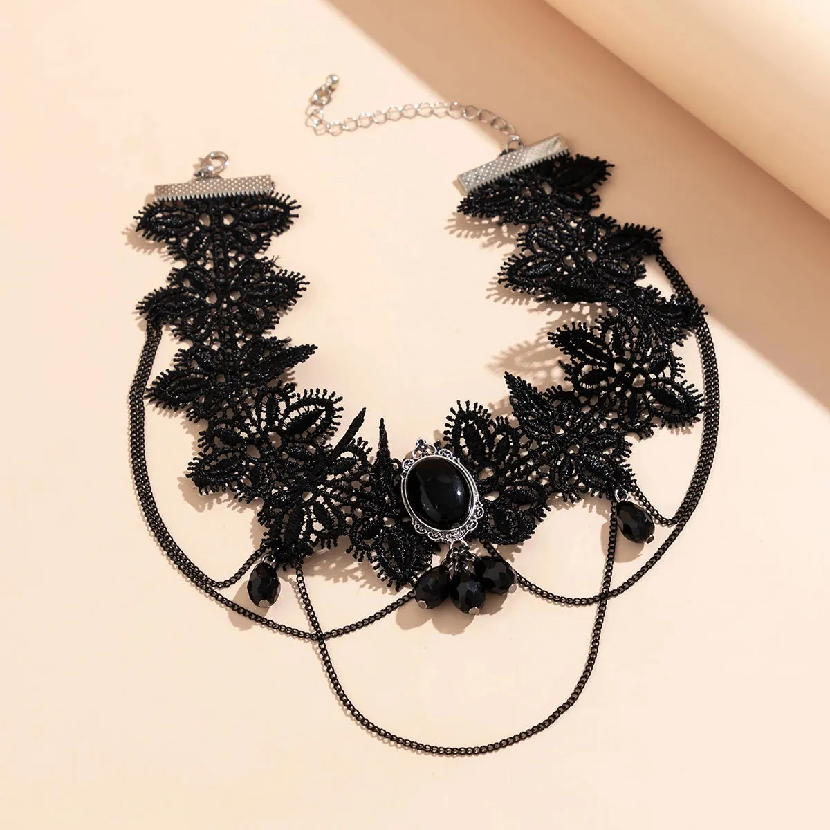 Black Lace Rope Choker w/ Black Gems and Hanging Chains