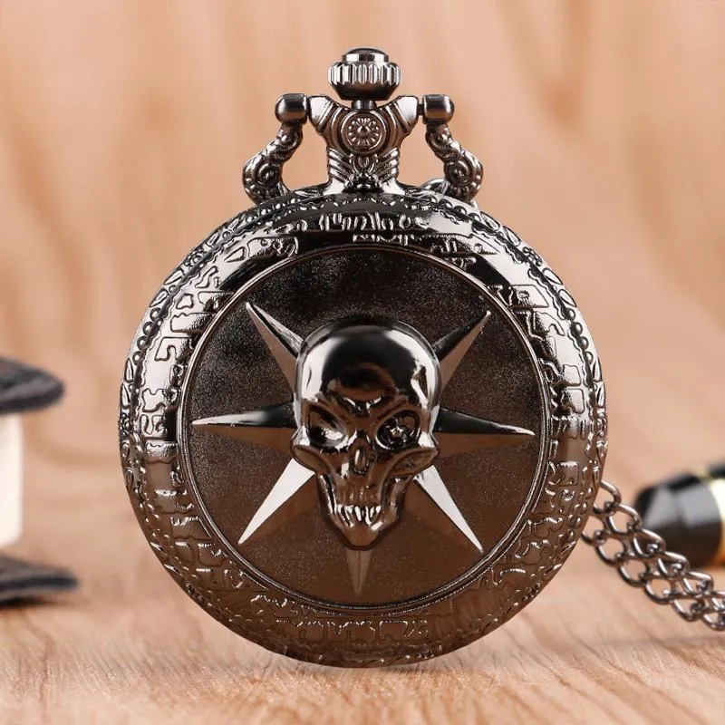 Black Steampunk Quartz Full Hunter Pocket Watch - Skull Star