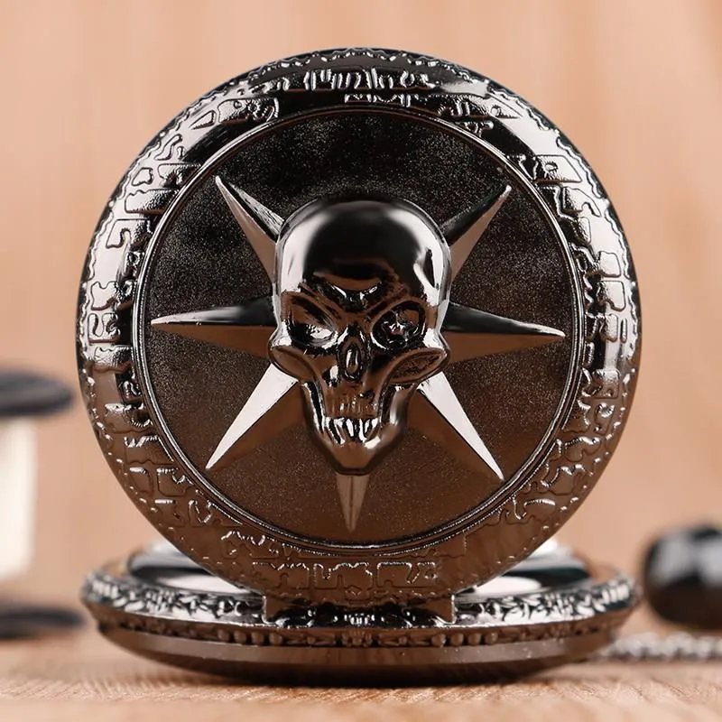 Black Steampunk Quartz Full Hunter Pocket Watch - Skull Star