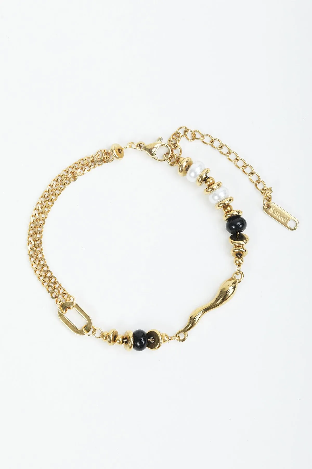 Black Stone & Pearl Gold Bracelet