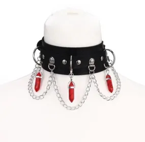 Black/Red Vegan Leather Collar w/ Black Crystals and Chains