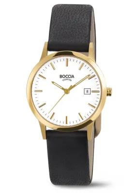 BOCCIA TITANIUM WHITE DIAL GOLD CASE BLACK LEATHER BAND 3180-05