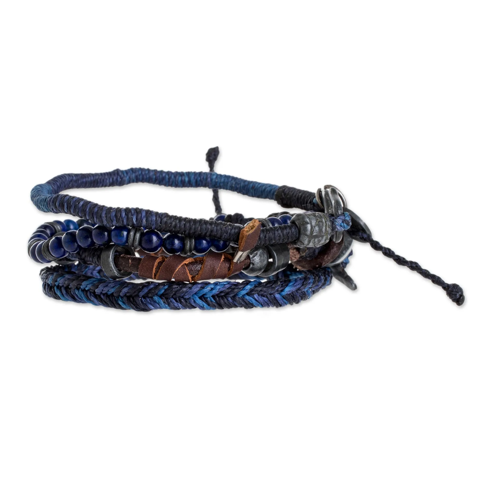 Boho Friends Lapis Lazuli and Leather Bracelets from Guatemala (Set of 4)