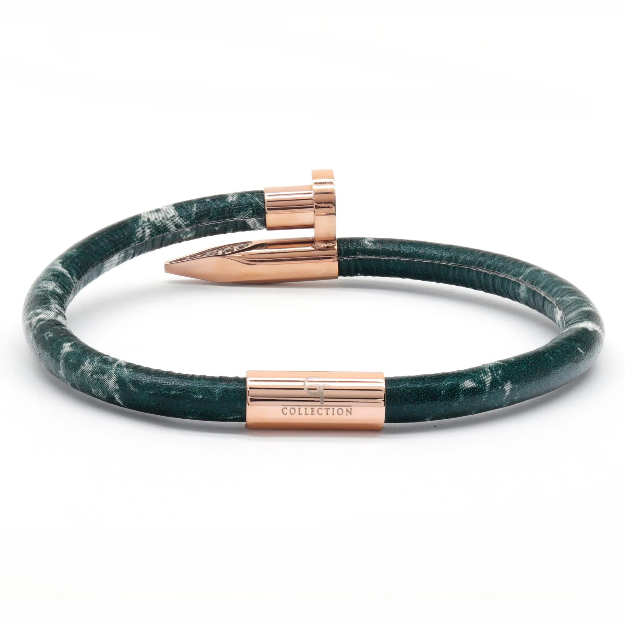 Bracelet Rose Gold Nail with Zircon - Green Leather