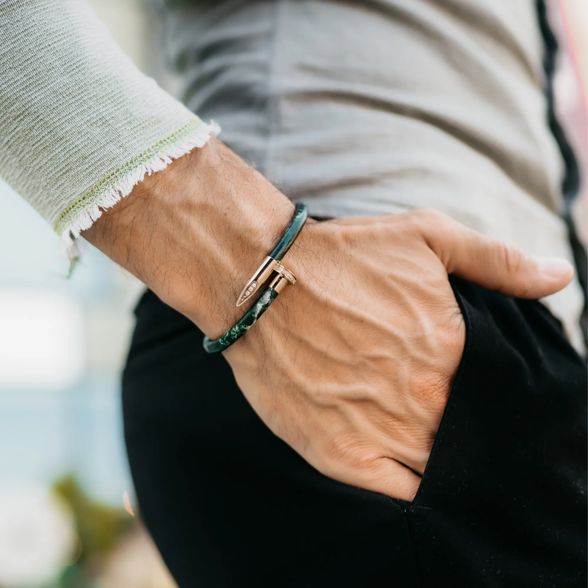 Bracelet Rose Gold Nail with Zircon - Green Leather