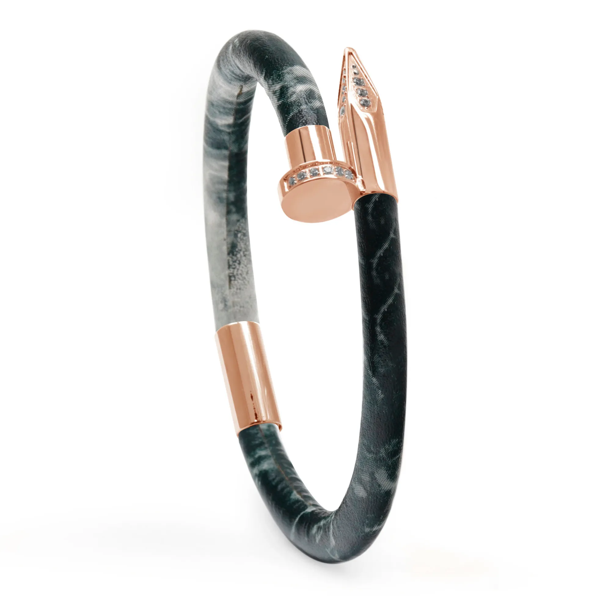 Bracelet Rose Gold Nail with Zircon - Green Leather