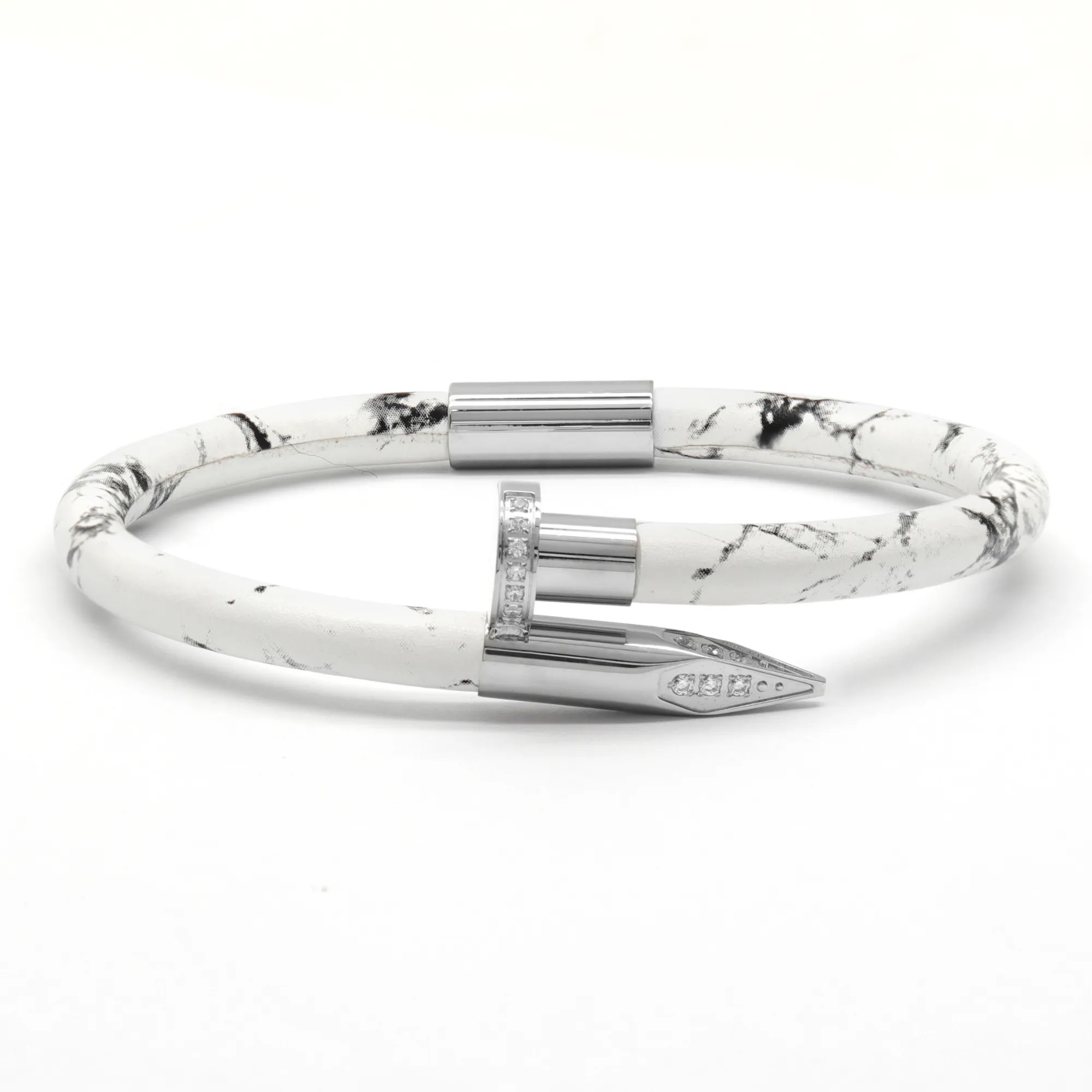 Bracelet Silver Nail with Zircon - White Leather