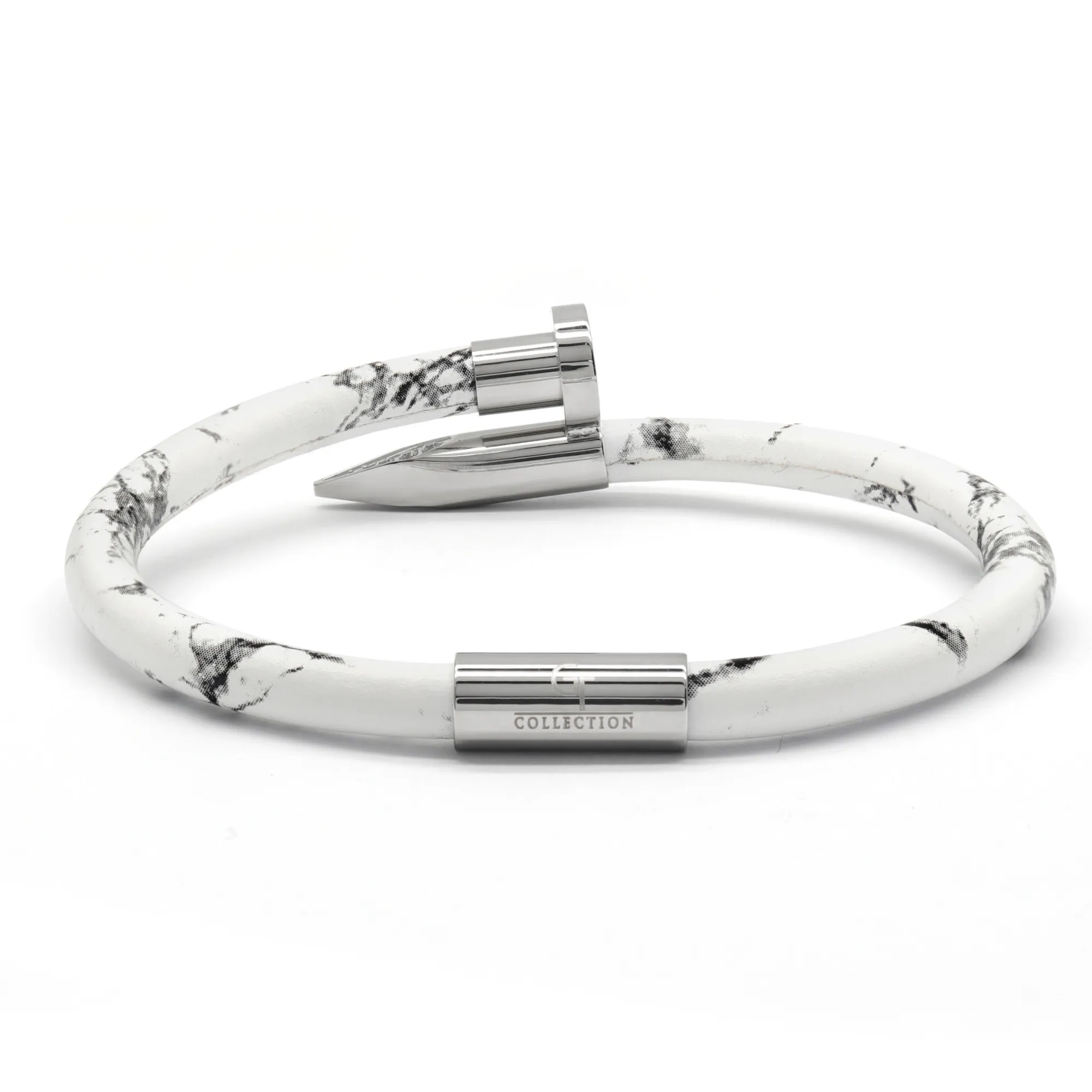 Bracelet Silver Nail with Zircon - White Leather