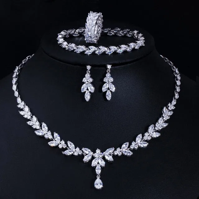 Brilliant Cubic Zircon 4Pcs Necklace Earrings Ring and Bracelet Wedding Bridal Jewelry Sets