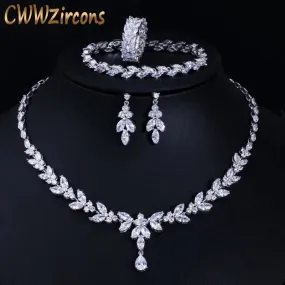 Brilliant Cubic Zircon 4Pcs Necklace Earrings Ring and Bracelet Wedding Bridal Jewelry Sets