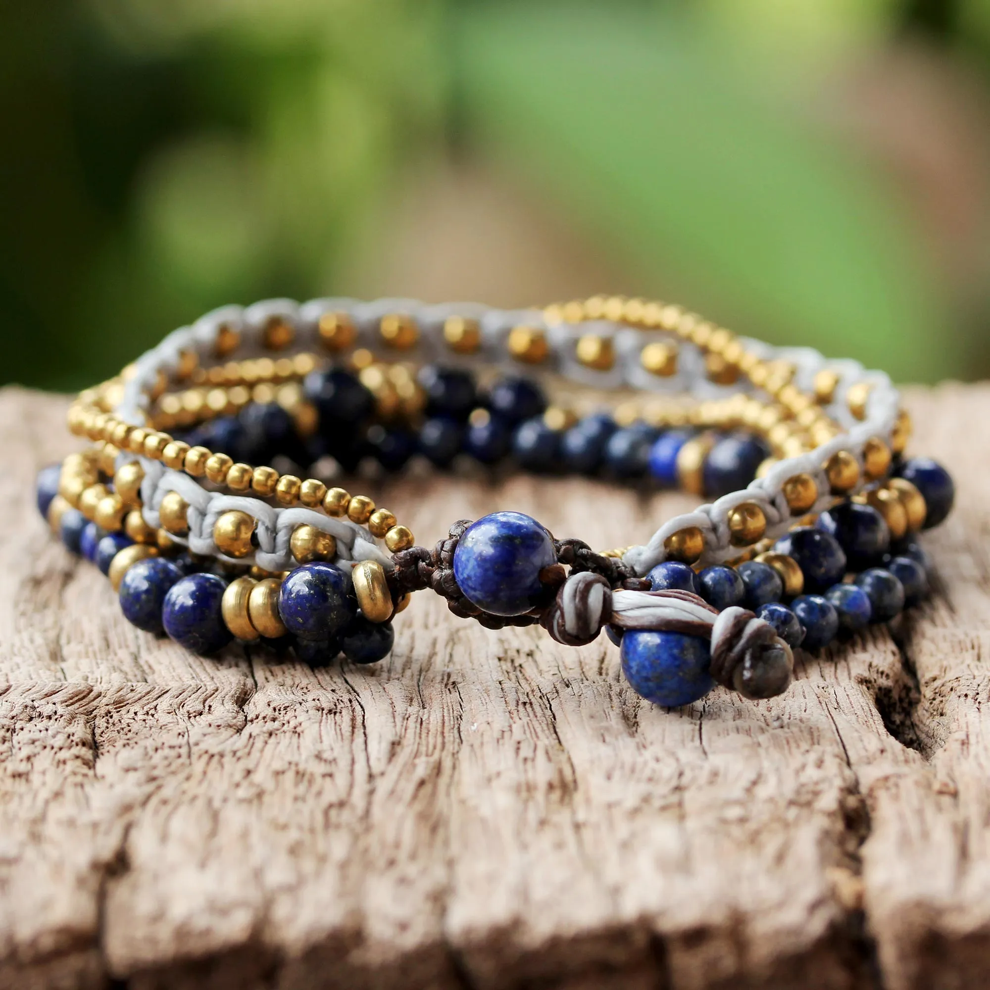 Brisk Ocean Brass and Lapis Lazuli Multi-Strand Beaded Bracelet