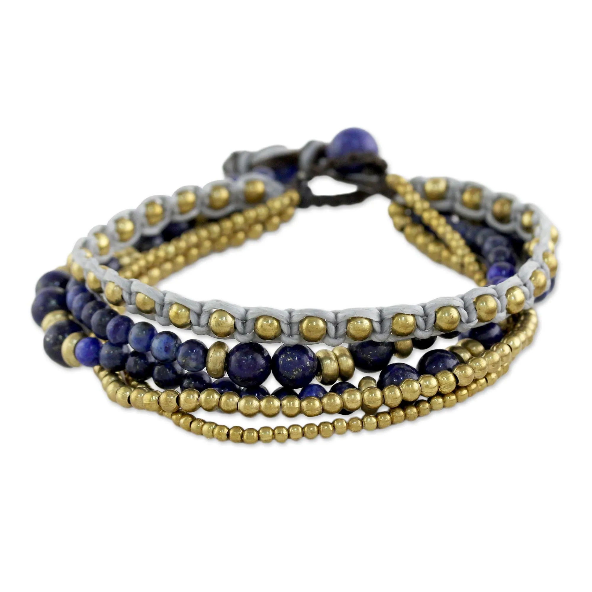 Brisk Ocean Brass and Lapis Lazuli Multi-Strand Beaded Bracelet