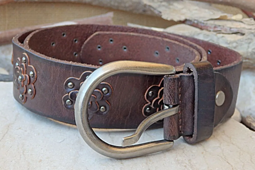 Brown floral leather belt