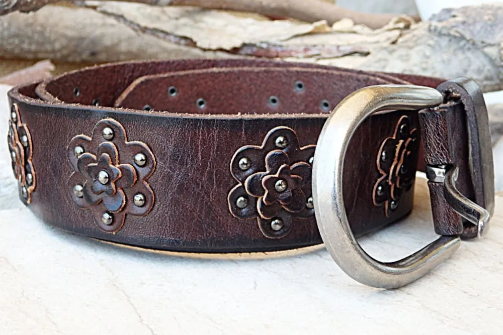 Brown floral leather belt