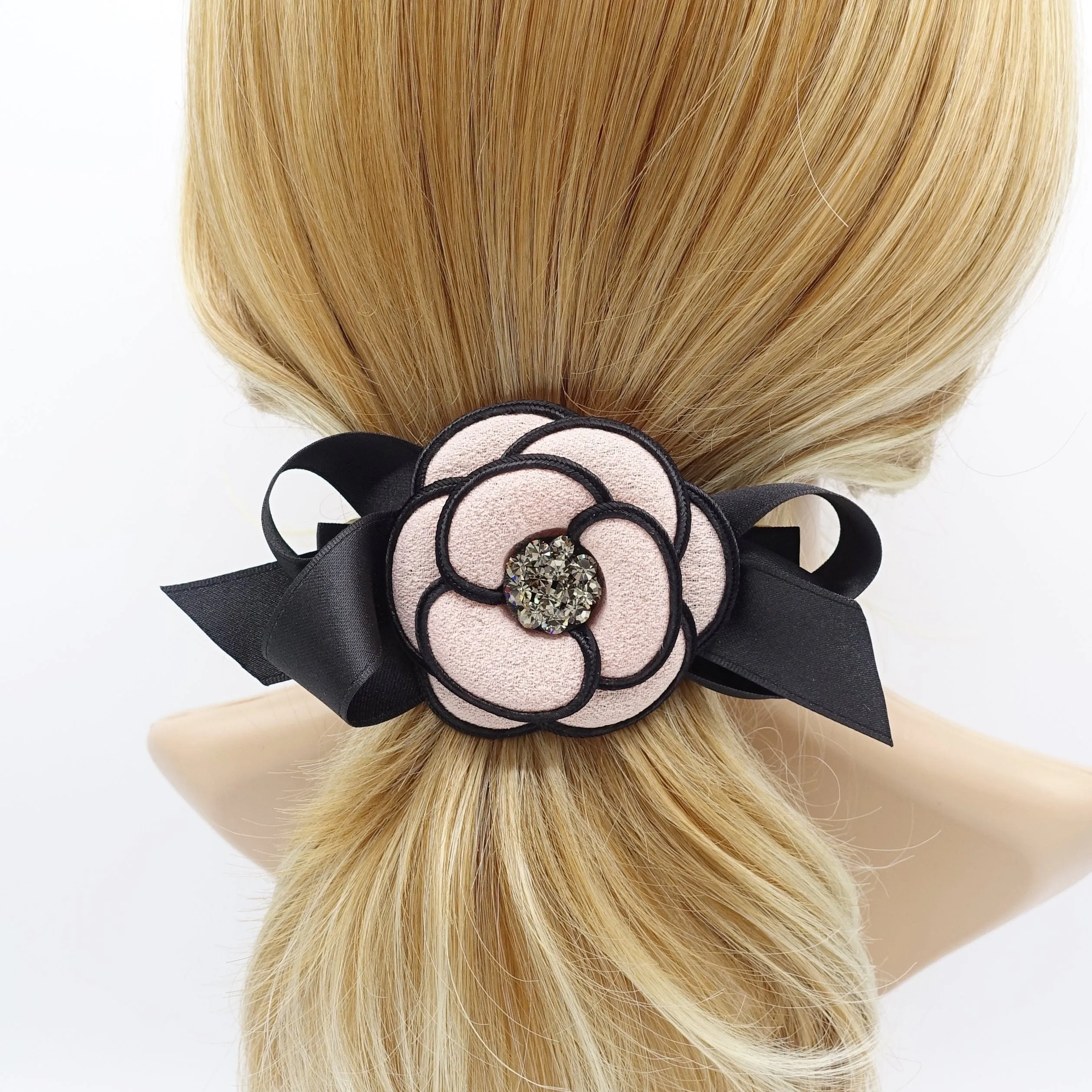 camellia  hair bow rhinestone embellished flower french barrette