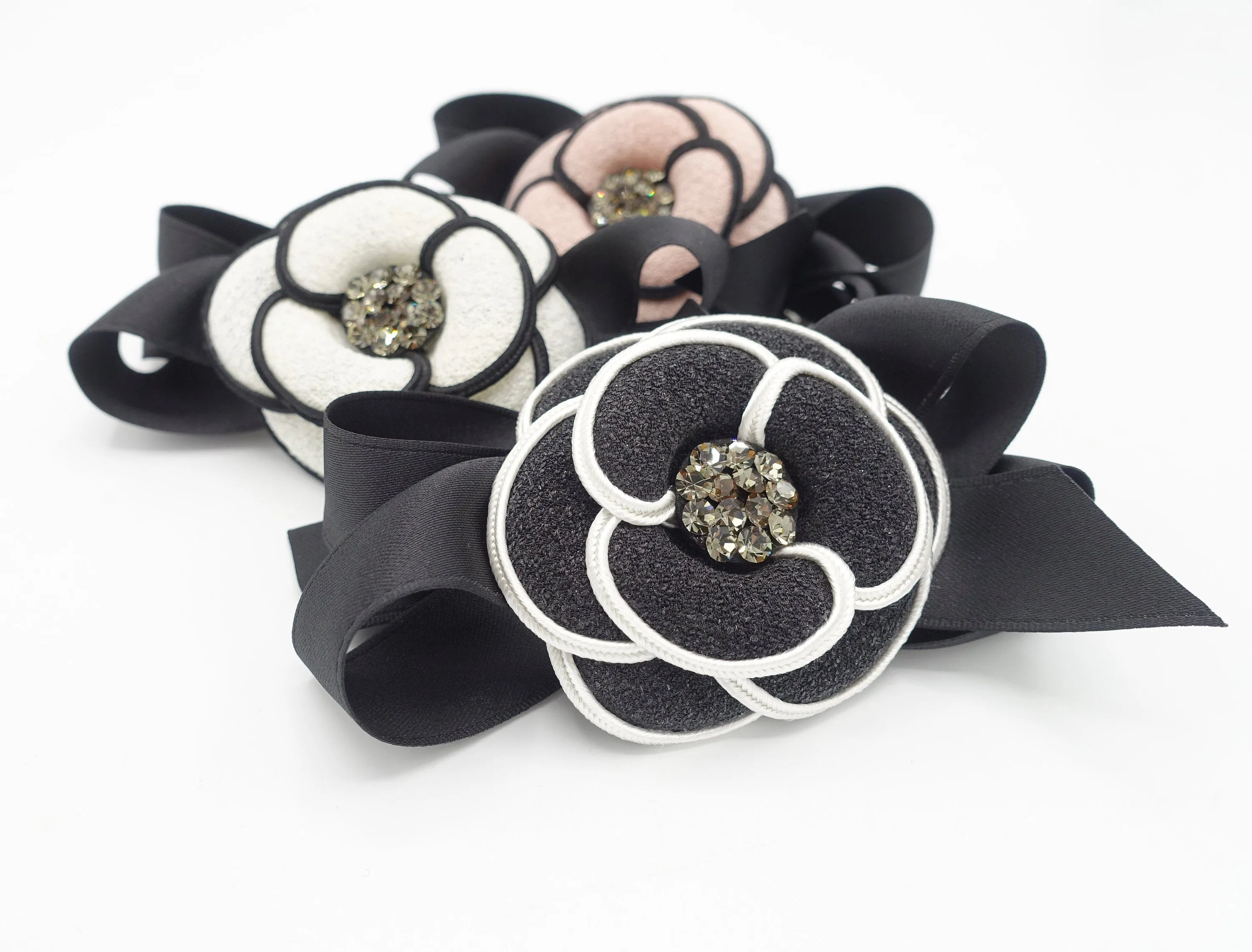 camellia  hair bow rhinestone embellished flower french barrette