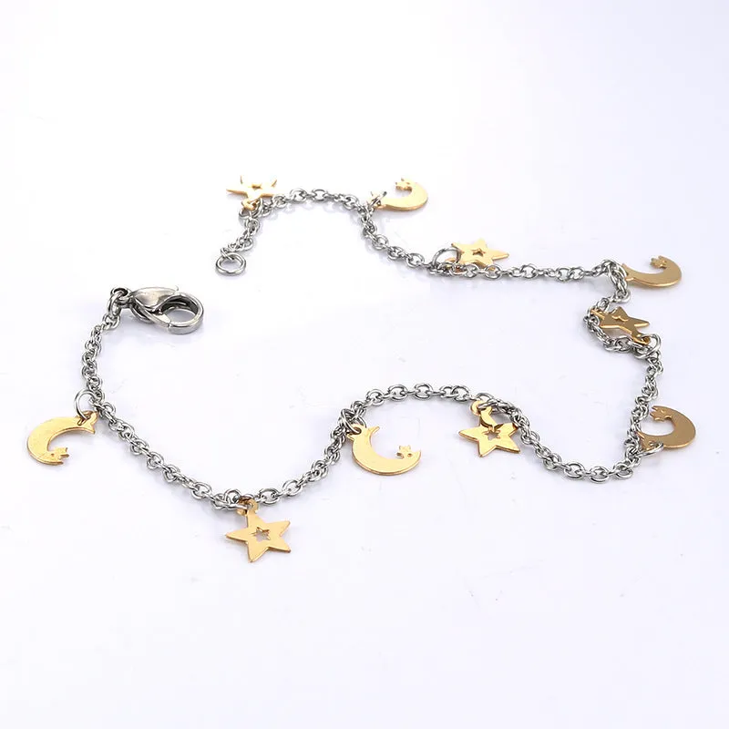 Celestial Elegance: Personalized Titanium Steel Night Sky Bracelet with Moon Pendant for Women