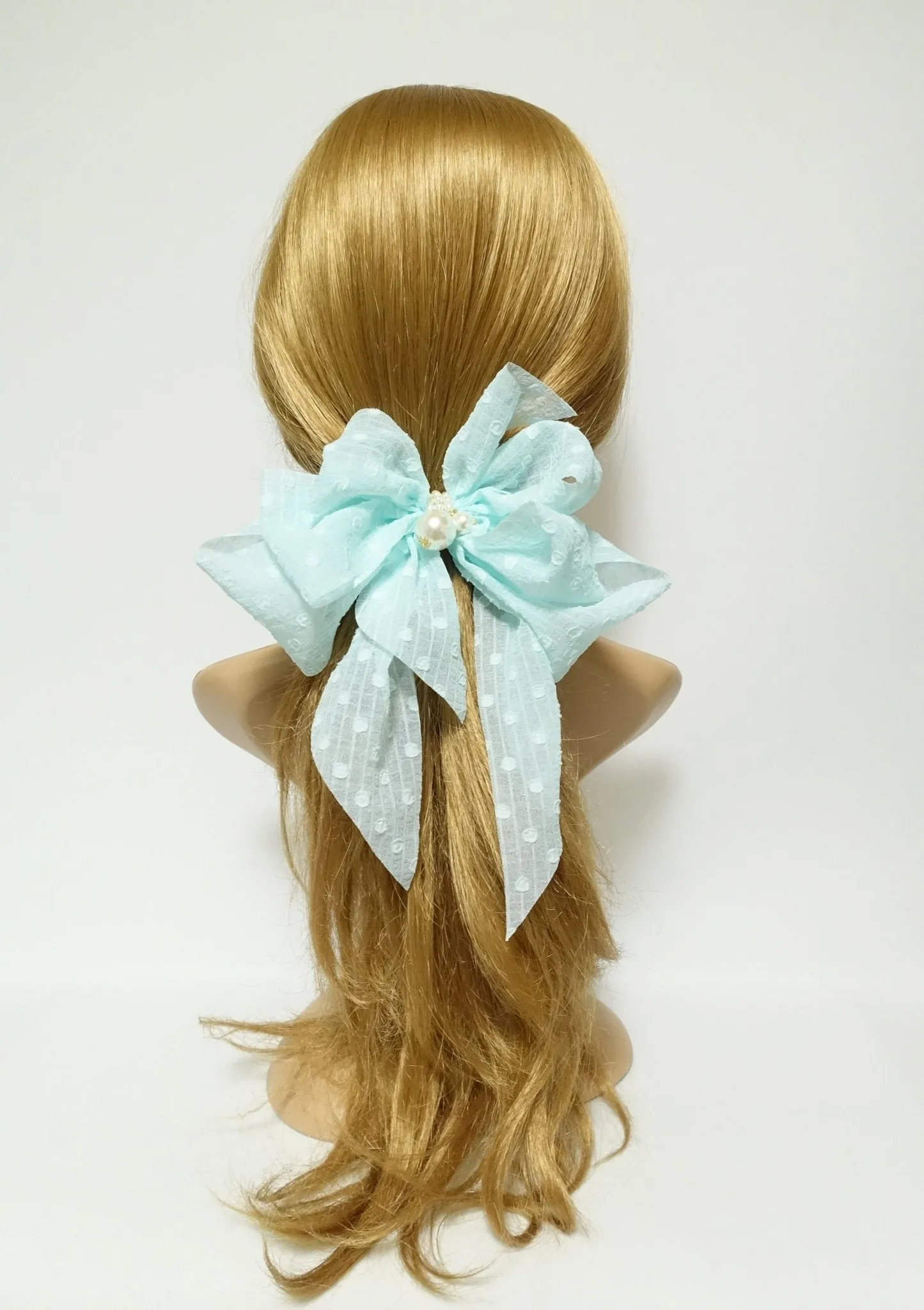 chiffon vertical stripe dot pattern hair bow with long tail french barrette women hair accessory