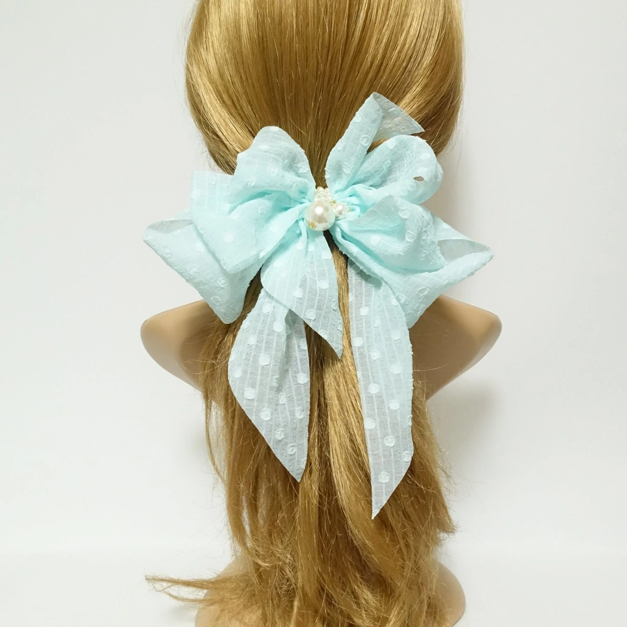 chiffon vertical stripe dot pattern hair bow with long tail french barrette women hair accessory