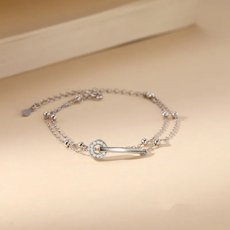 Circle Zircon Buckle Double-layer  Silver Bracelet  for Women