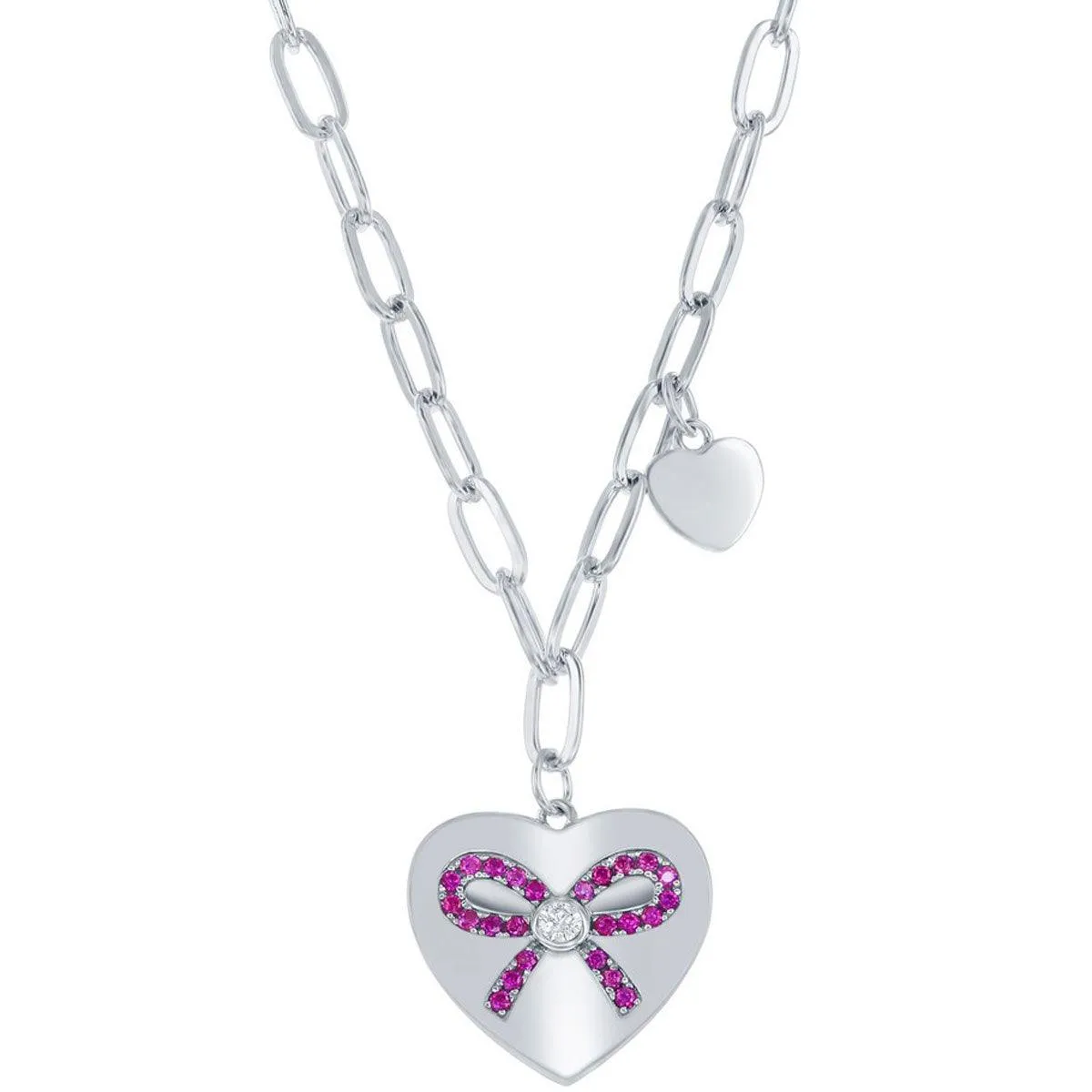 Classic Women's Necklace - Sterling Heart with Ruby CZ Ribbon Paperclip | M-6782