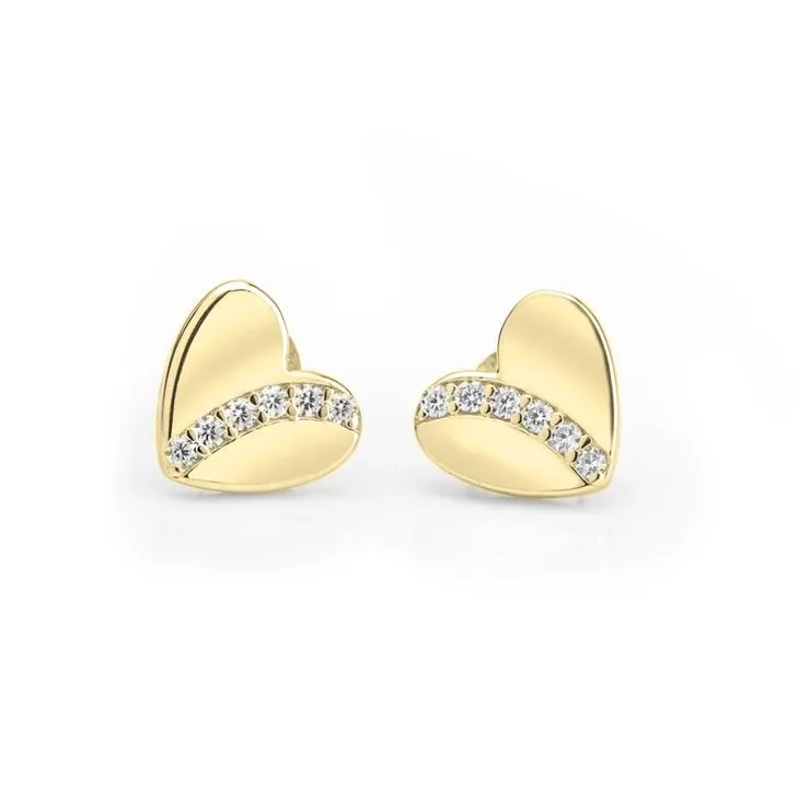 Cubic Zirconia Heart Stud Earrings - 24k Gold Plated