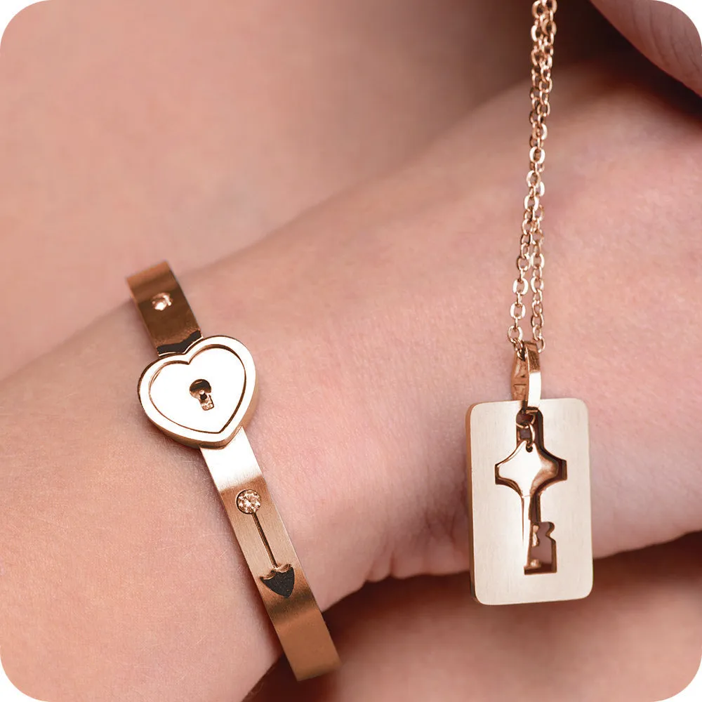 Cuffed Locking Bracelet & Key Necklace in Rose Gold