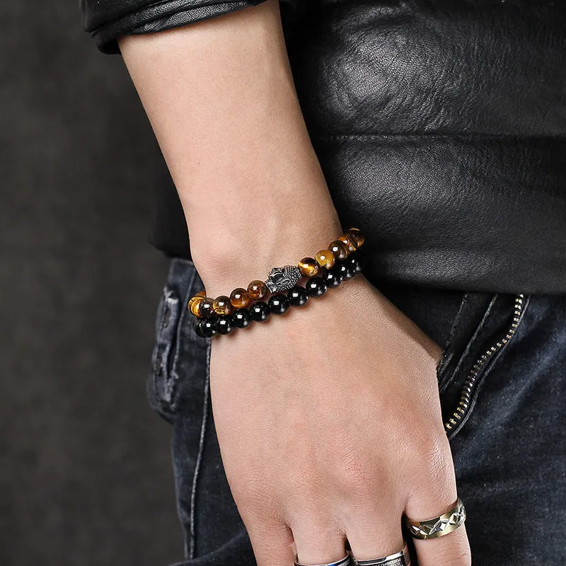 Custom Tiger Eye Bead Bracelet with Titanium Steel Buddha Head for Men - Trendy Retro Design