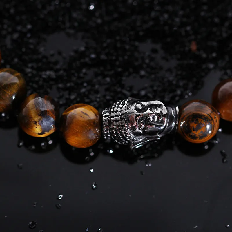 Custom Tiger Eye Bead Bracelet with Titanium Steel Buddha Head for Men - Trendy Retro Design