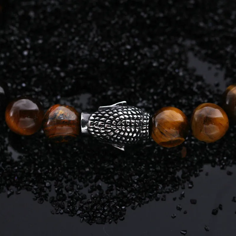 Custom Tiger Eye Bead Bracelet with Titanium Steel Buddha Head for Men - Trendy Retro Design