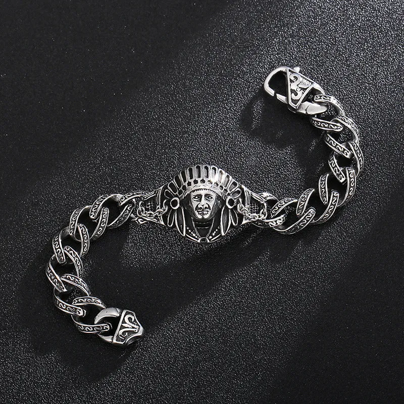 Custom Vintage Titanium Steel Men's Bracelet with Dominant Chief Design - European and American Style