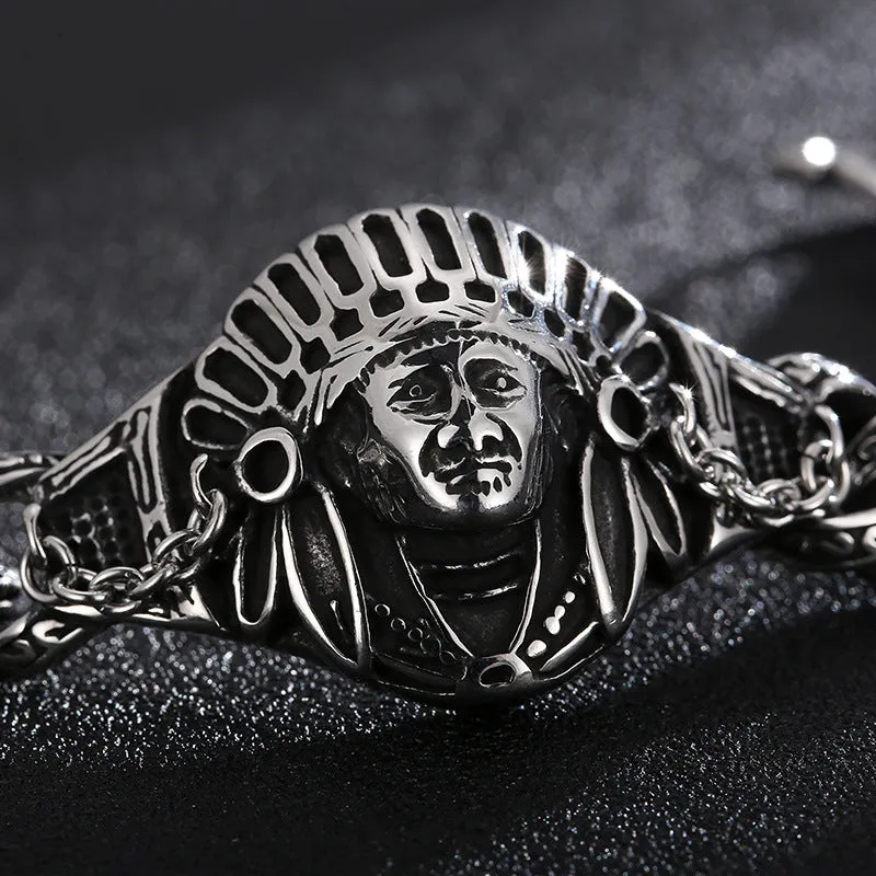 Custom Vintage Titanium Steel Men's Bracelet with Dominant Chief Design - European and American Style